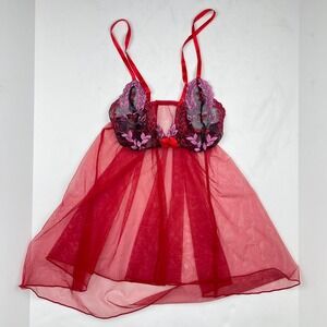 Y2K Sheer‎ Babydoll Lingerie Top in Red Floral Bows Mesh Women's Small Valentine